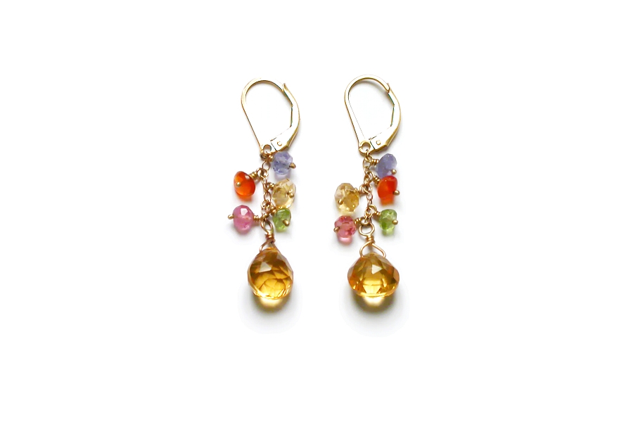 multicolour dangle earrings on gold with citrine briolettes   $95.00   item 04-006 