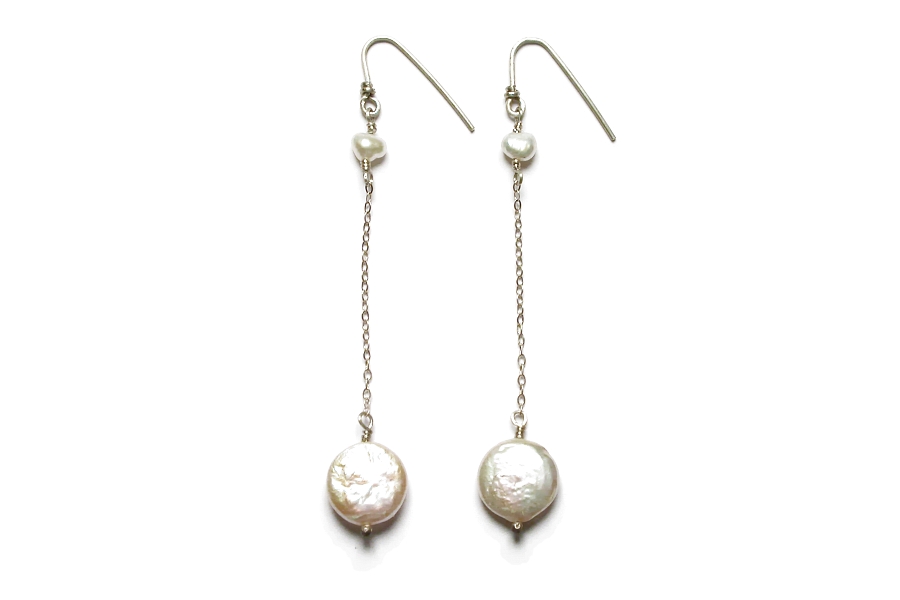 medium coin pearls on silver chain earrings   $65.00   item 04-052 