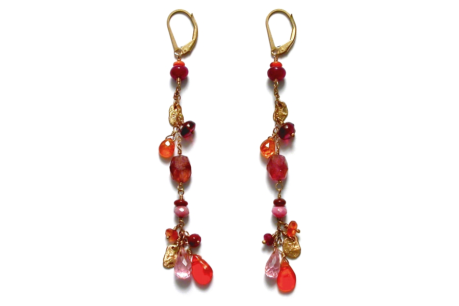 gold mini-disc, ruby, fire opal, pink tourmaline, spessertine garnet, rhodonite & pink zircon gypsy earrings   $295.00   item 04-178 
