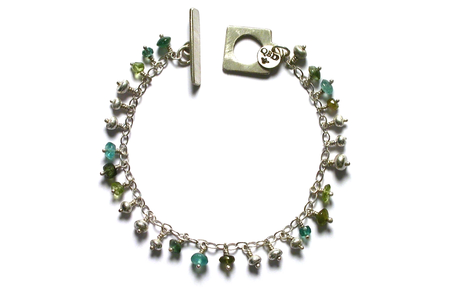silver mini-nugget, tourmaline, peridot and apatite dangle bracelet   $150.00   item 04-480 