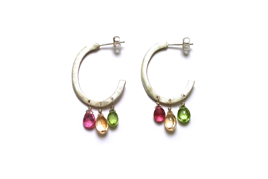 silver oval hoops with pink tourmaline, citrine & peridot briolettes   $195.00   item 05-018 