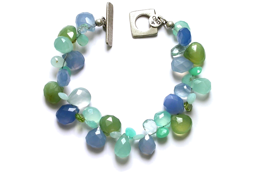 chalcedony, peruvian opal, aquamarine, calcite & peridot mixed briolette bracelet   $275.00   item 05-027 