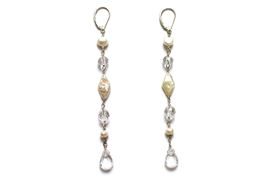 mixed pearl & rock crystal long drop earrings   $160.00   item 05-109 
