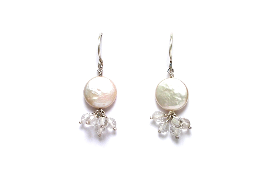 white coin pearl & faceted rock crystal earrings   $95.00   item 05-121 