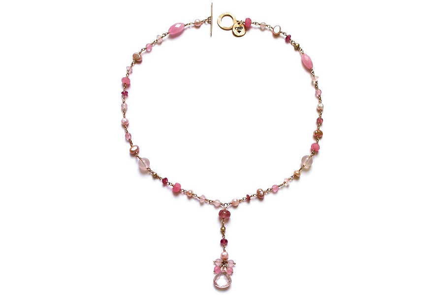 pink aquamarine, freshwater pearl, pink jade, pink chalcedony, rose quartz, gold mini-nugget & pink tourmaline Y neckpiece   $380.00   item 05-132 