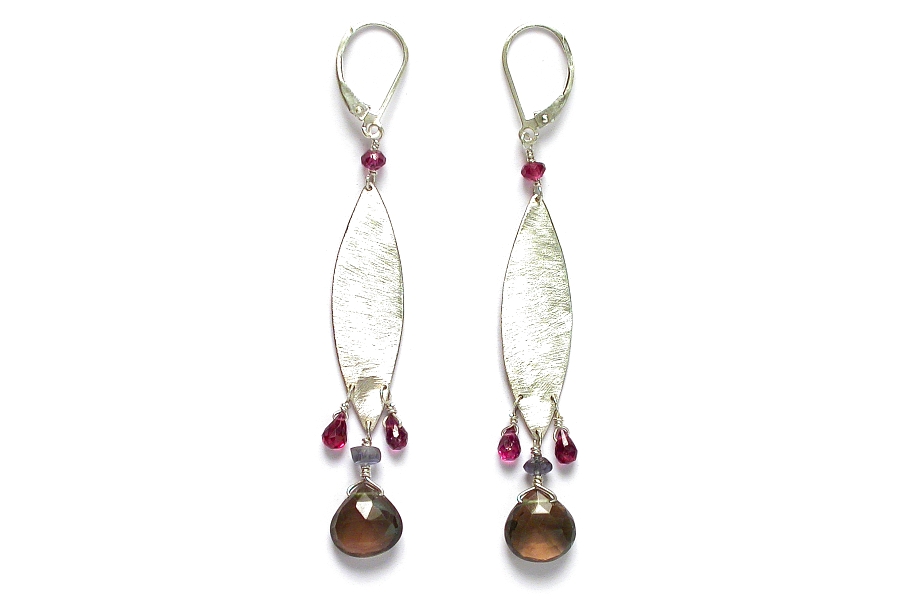 large flat silver marquis, garnet, iolite & smoky quartz earrings   $165.00   item 06-115 