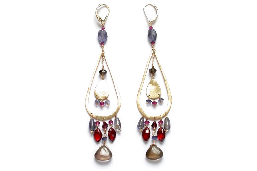 superfancy 10K gold, iolite, garnet & smoky quartz drop earrings   $495.00   item 06-121 