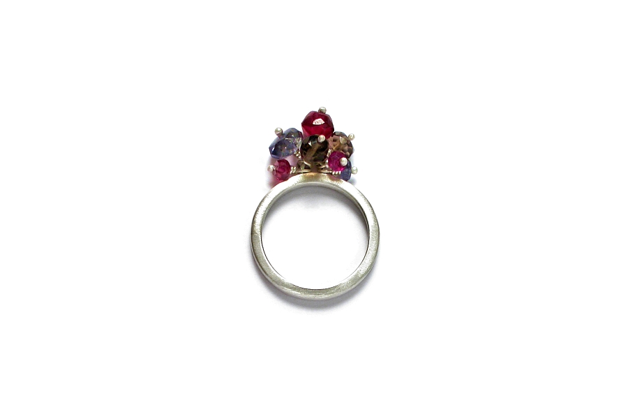 thin silver ring with garnet, iolite & smoky quartz cluster   $95.00   item 06-135 