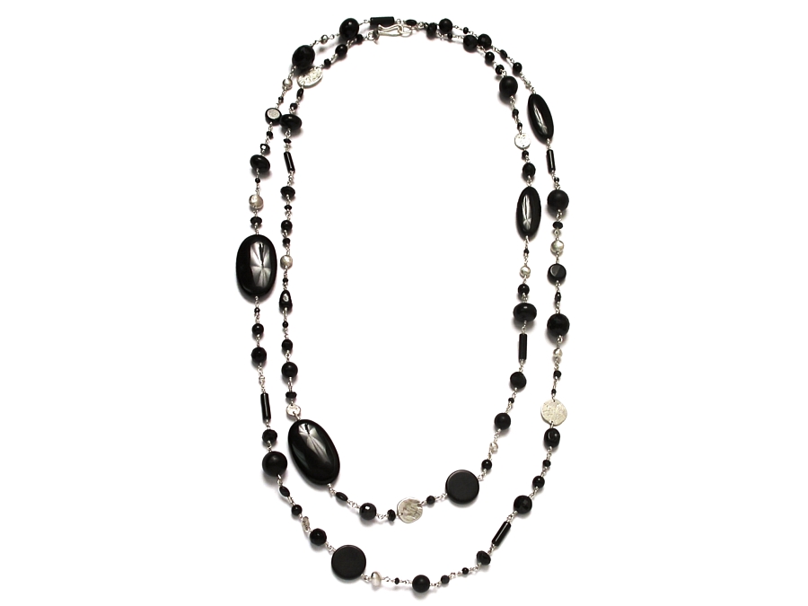 silver disc, silver nugget, onyx, cz, jet & black spinel 60 inch neckpiece   $450.00   item 06-220 