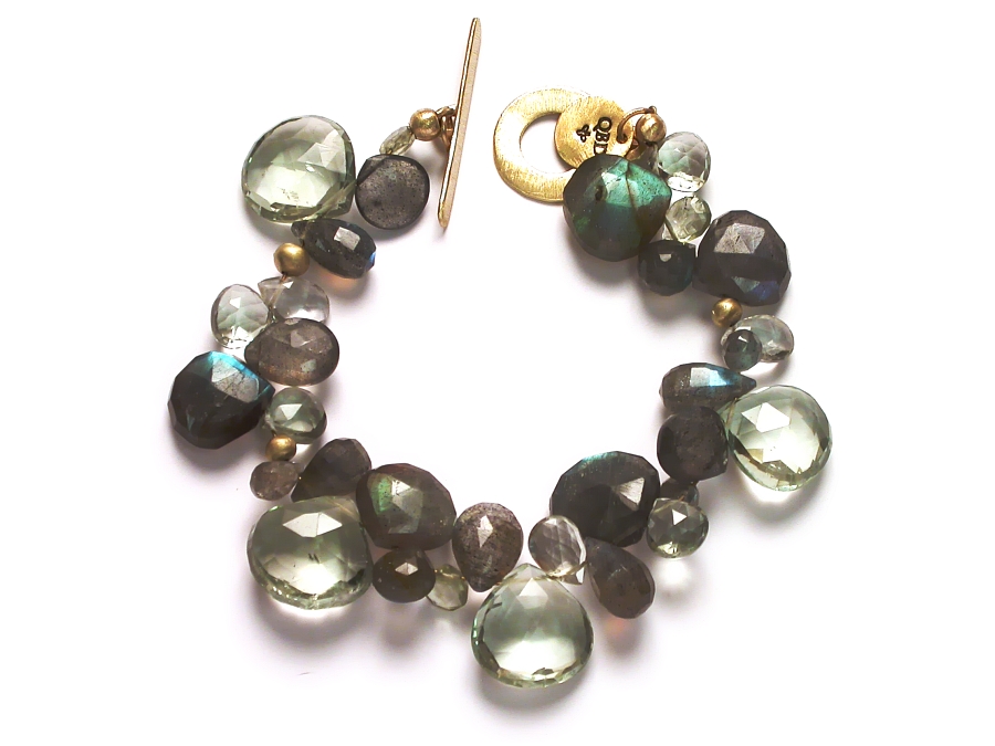labradorite, gold mini-nuggets & green amethyst briolettte bracelet   $395.00   item 06-224 