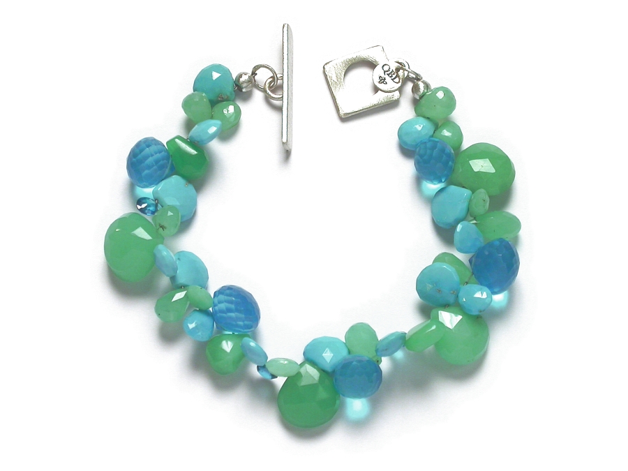 chrysophase, turquoise, hydrothermal quartz & cz briolette bracelet   $295.00   item 07-100 