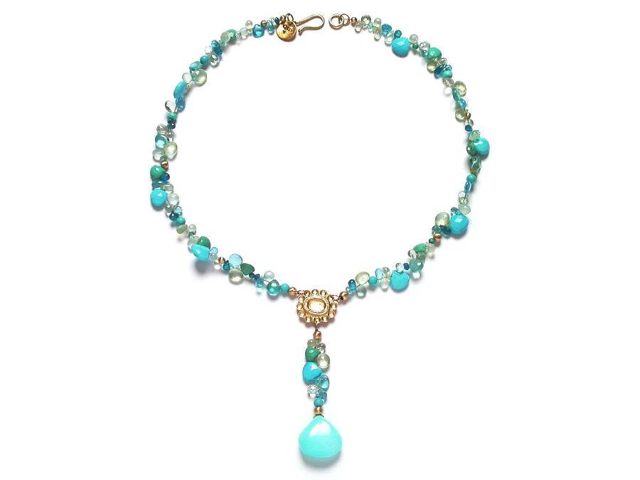 gold, turquoise, prehnite, green amethyst, chalcedony & apatite Y neckpiece   $560.00   item 07-107 