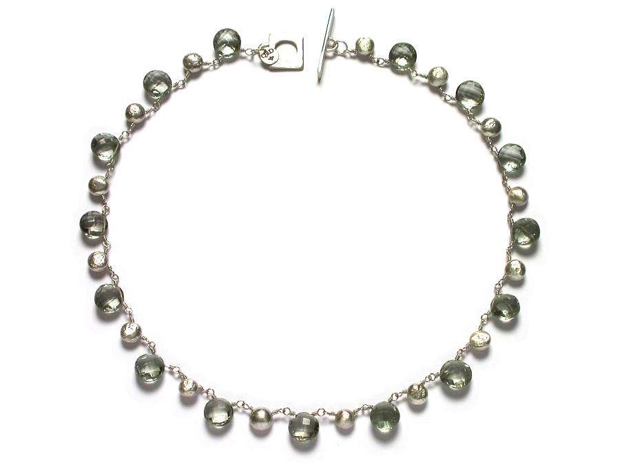 top-drilled silver nugget & green amethyst coin briolette neckpiece   $425.00   item 07-119 