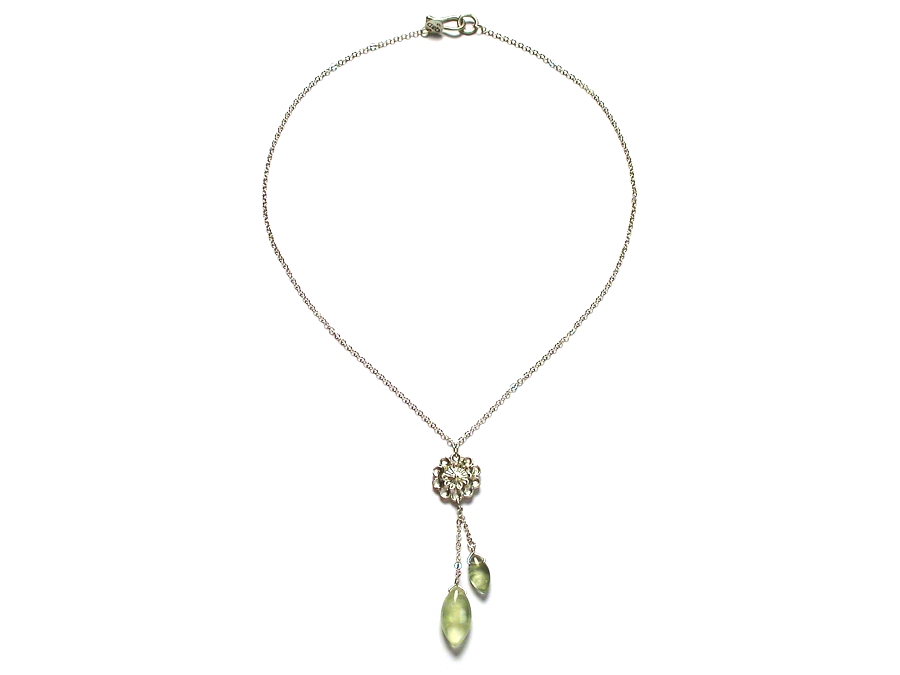 silver indian flower & prehnite marquis dangle neckpiece   $140.00   item 07-124 