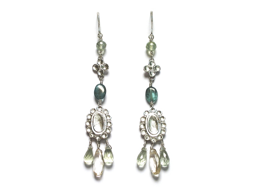 silver indian charm, apatite, prehnite & scapolite dangle earrings   $260.00   item 07-128 