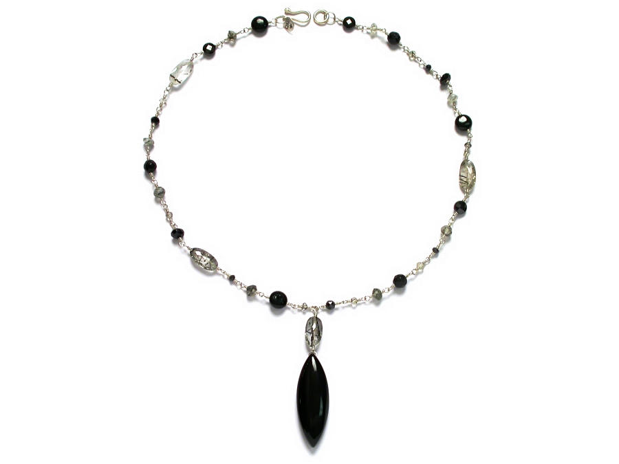 onyx, tourmalated quartz, rock crystal & black cz Y neckpiece   $225.00   item 07-139 