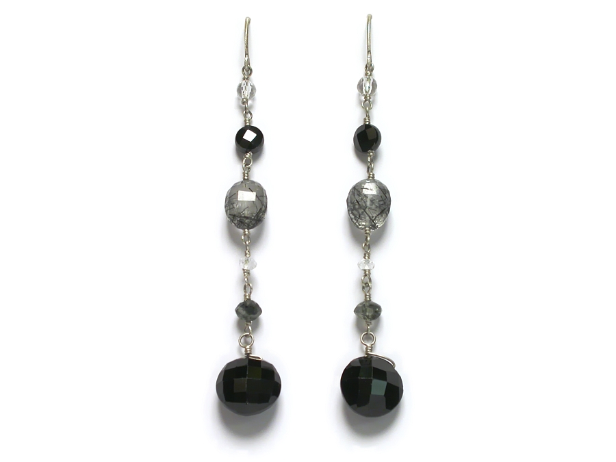 black spinel, rock crystal, tourmalated quartz, topaz & black cz earrings   $140.00   item 07-141 