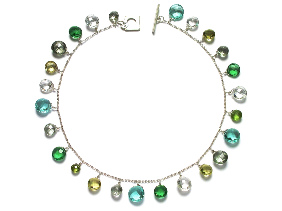 green amethyst, peridot, rock crystal, hydrothermal quartz & lemon quartz coin briolette neckpiece   $325.00   item 07-147 