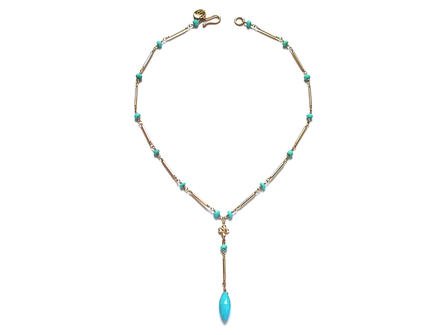 turquoise, 10K gold indian flower charm & 14K gold filled tube Y neckpiece   $260.00   item 07-153 