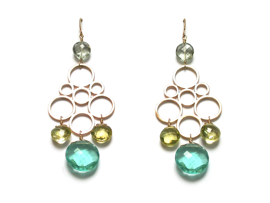 super-fancy 10K gold circle & green amethyst, lemon quartz & hydrothermal quartz drop earrings   $495.00   item 07-159 