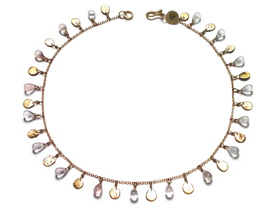 10K gold mini-disc & rose quarz briolette dangle neckpiece   $450.00   item 07-170 