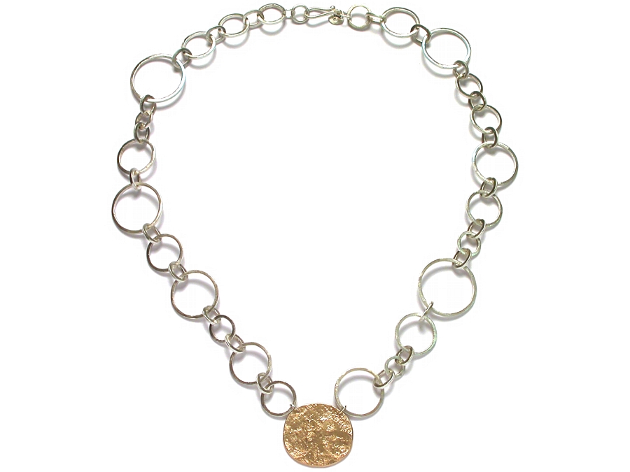 silver interlink & extra-large 10K gold disc neckpiece   $495.00   item 07-227 
