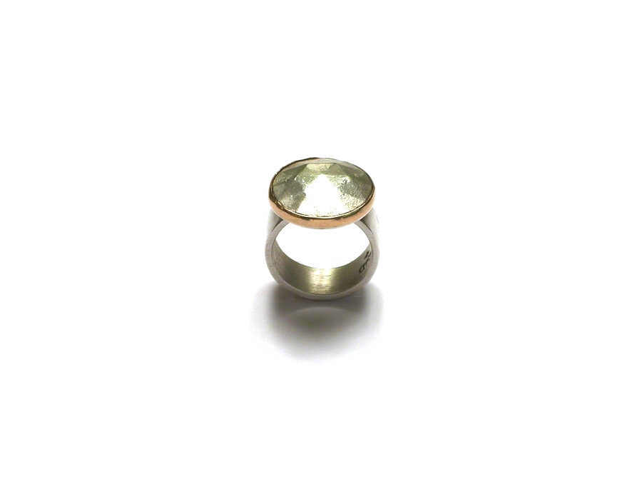 large faceted silver round 'gem' with gold bezel ring   $280.00   item 07-238 