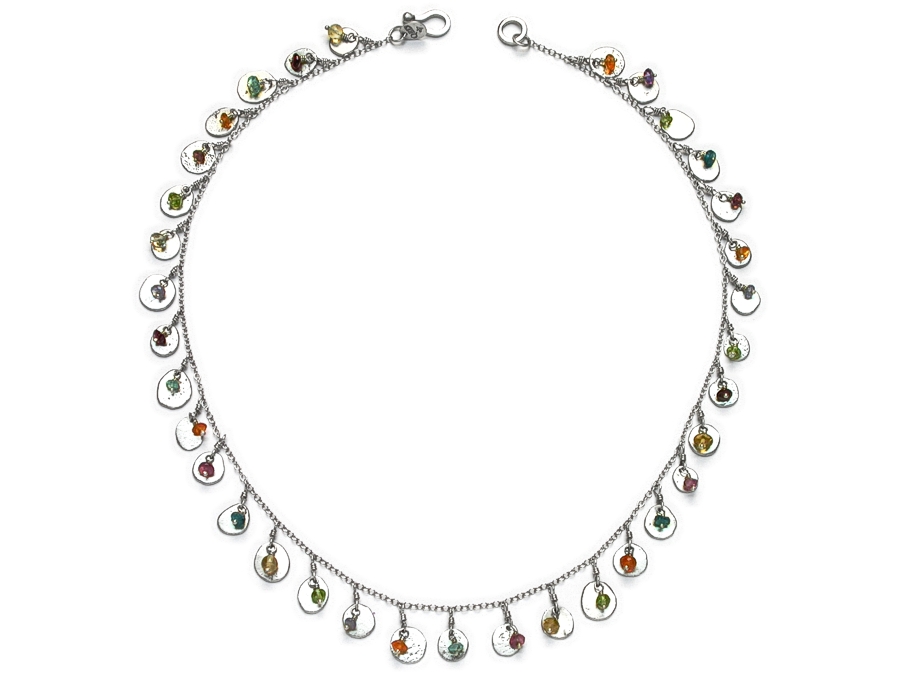 silver mini-disc & multicolour dangle neckpiece   $360.00   item 09-113 