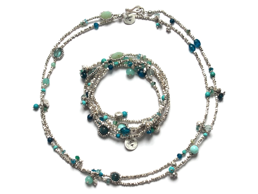 quintuple wrap blues, aquas & silver 'woven' bracelet (also a neckpiece)   $340.00   item 10-100 
