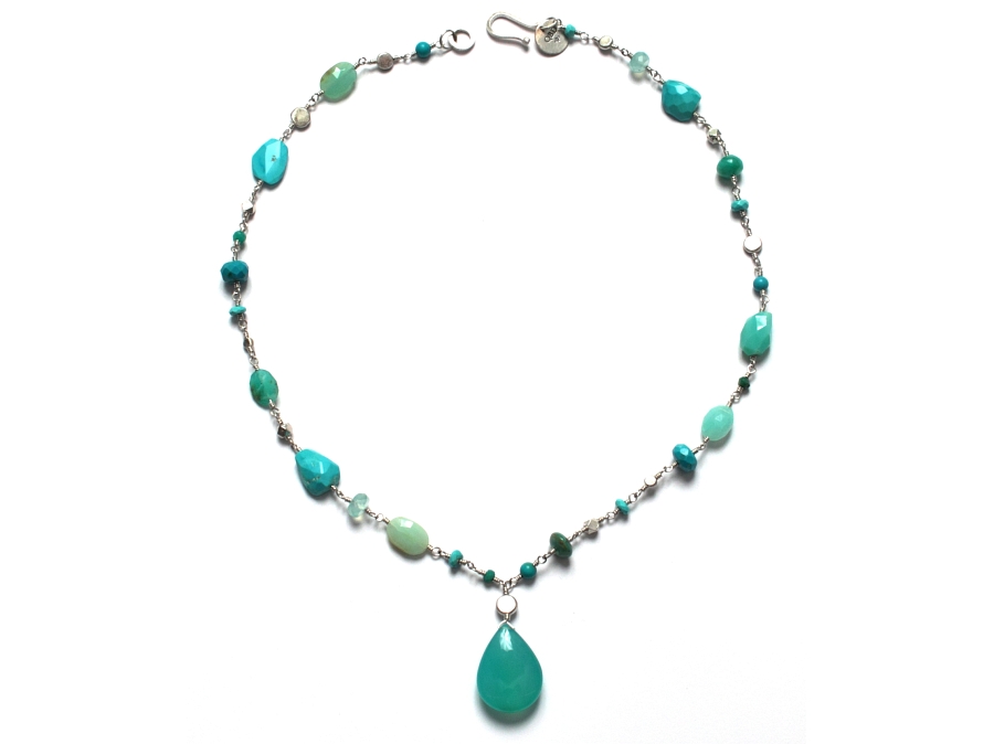 blues, aquas & silver dot neckpiece   $210.00   item 10-101 