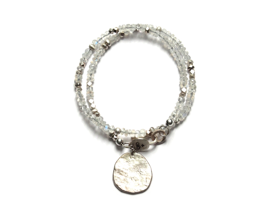 double wrap silver & rainbow moonstone bracelet with large silver disc   $240.00   item 10-128 