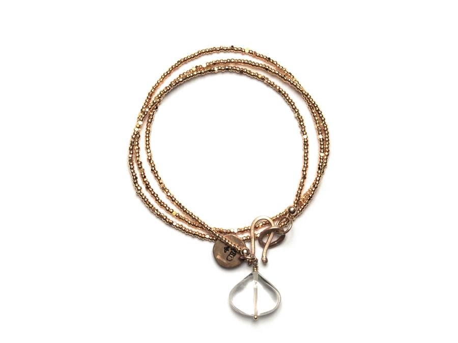 triple-wrap 24k gold-plated 'charlotte' beads with rock crystal briolette & 10k gold clasp   $195.00   item 10-149 